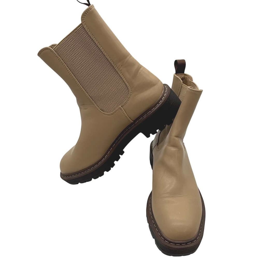 Athlefit Tan Beige faux‎ Leather Elastic Chelsea Lug Sole Boots Size 8
